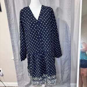 Garnet Hill Women's Navy Floral Long Sleeve Drop Waist Button-Front Dress